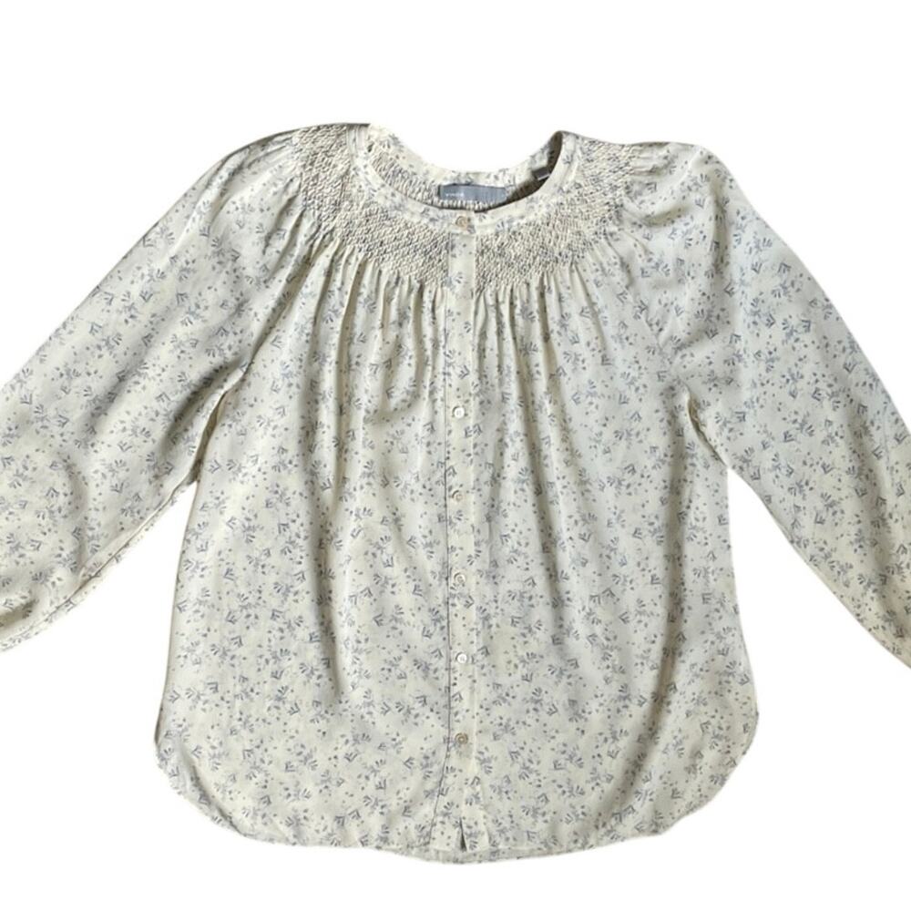 Vince Silk Buttercream & Gray Floral Long-Sleeve Blouse Top M 6 8 Pintucking - Picture 11 of 16